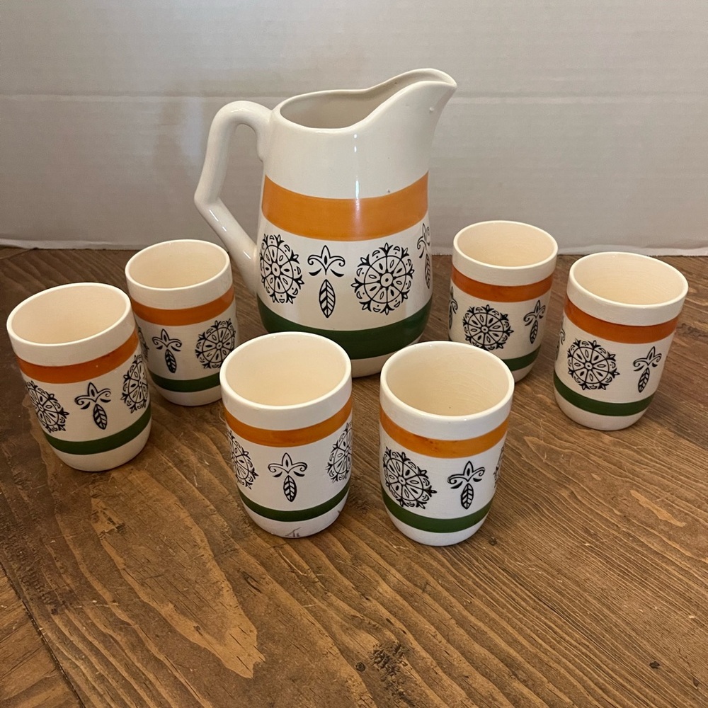 Vtg 1970s Ceramic Pitcher & 6 Cup Set | Retro Orange Green Mid Century Drinkware